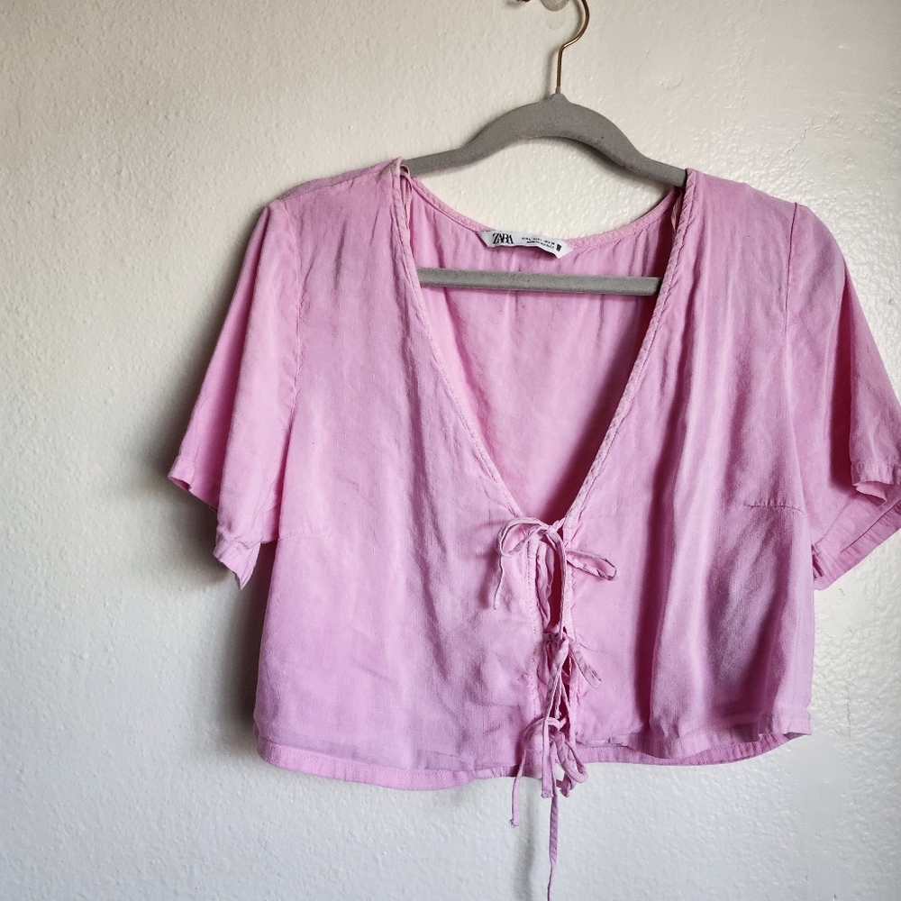 ZARA Pink Linen Crop Top Coquette Tie Front Size Large Quiet Luxury Blogger Fave